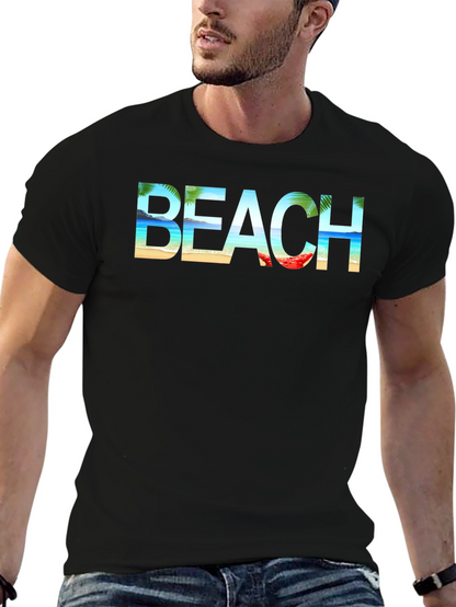 Beach Graphic Print Tee | Black Cotton T-Shirt