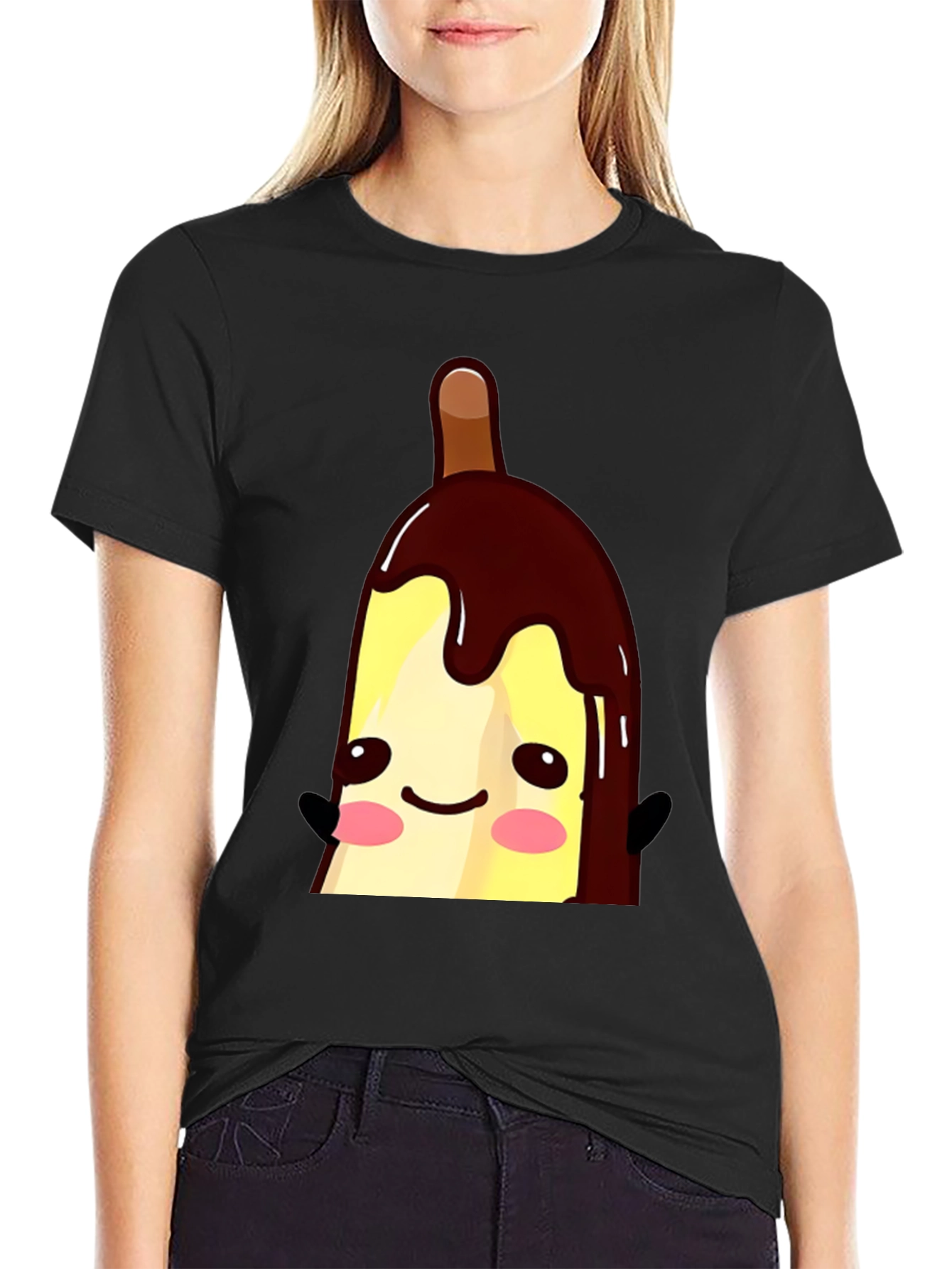 Cute Banana Popsicle Graphic Tee - Black Cotton T-Shirt