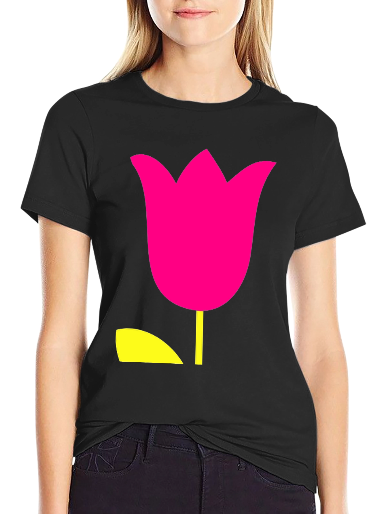 Modern Tulip Graphic Tee - Black Cotton Blend Shirt