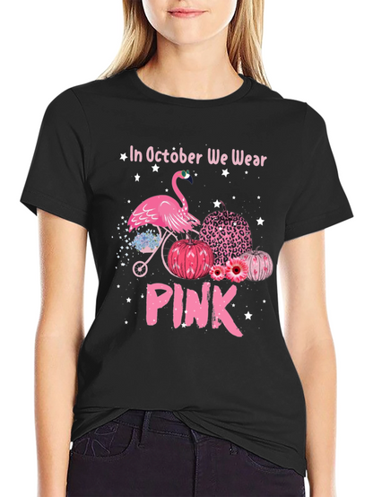 October We Wear Pink Flamingo Breast Cancer Awareness T-Shirt
