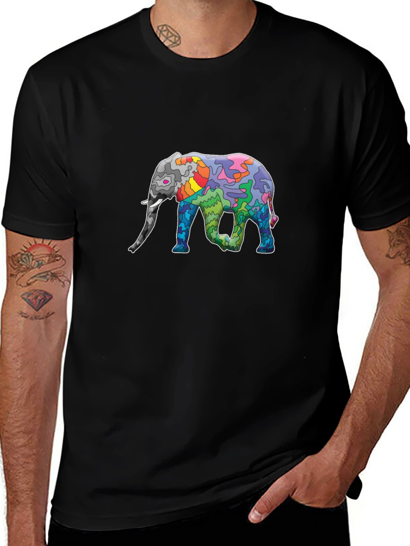 Elephant Art Print Black T-Shirt - Unique Design