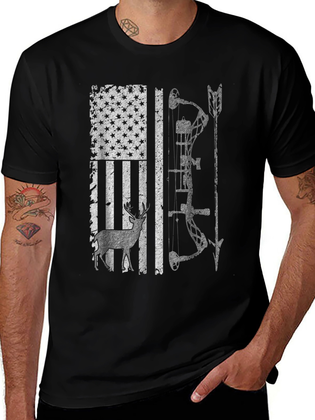Hunting Bow Deer American Flag Graphic Tee