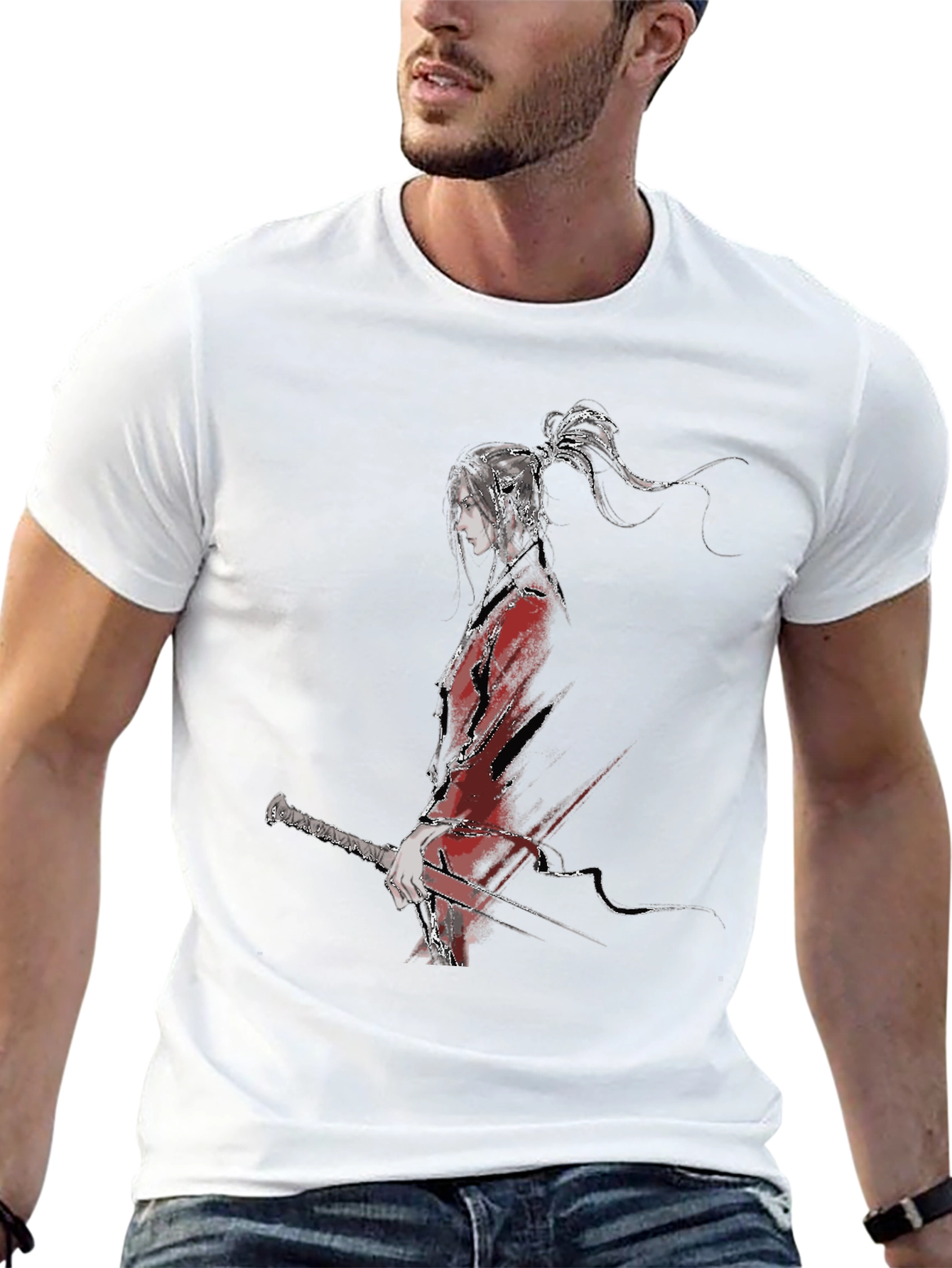 Ink Wash Anime Character Black T-Shirt