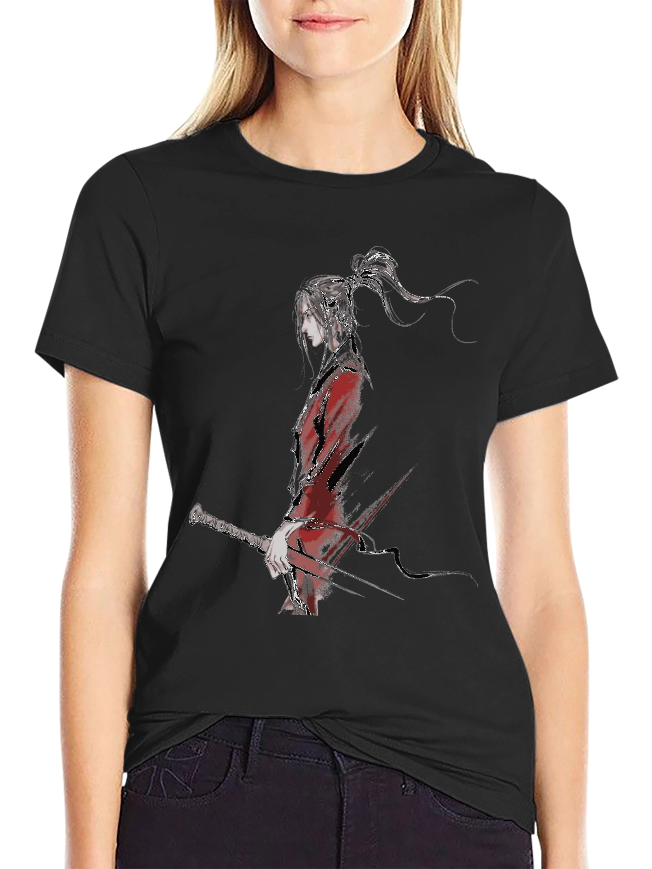 Ink Wash Anime Character Black T-Shirt