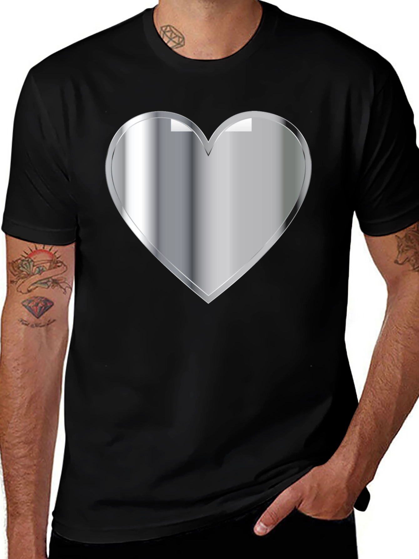Silver Heart Graphic Black T-Shirt