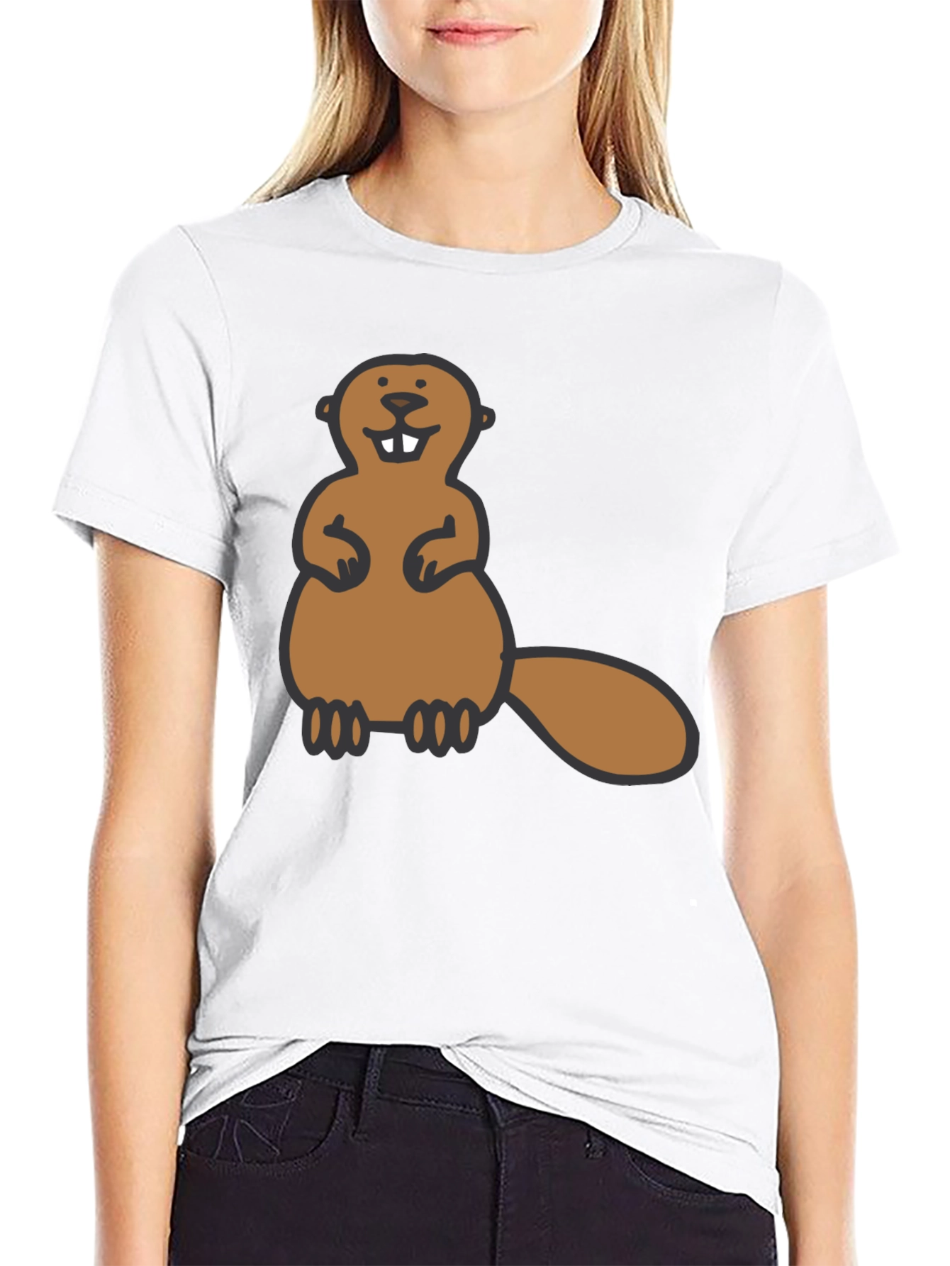Funny Beaver Graphic Tee - Black Crew Neck Shirt
