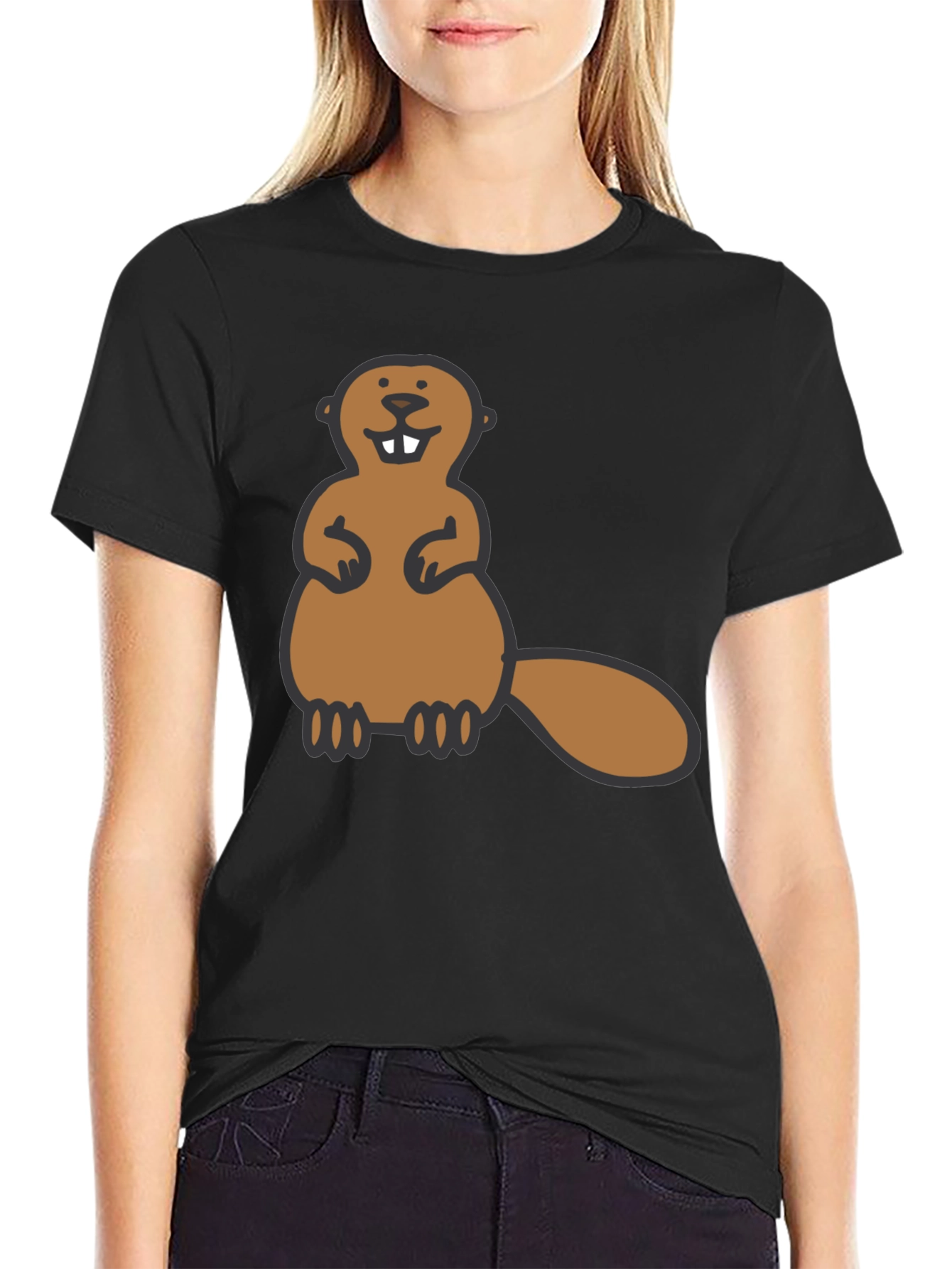 Funny Beaver Graphic Tee - Black Crew Neck Shirt
