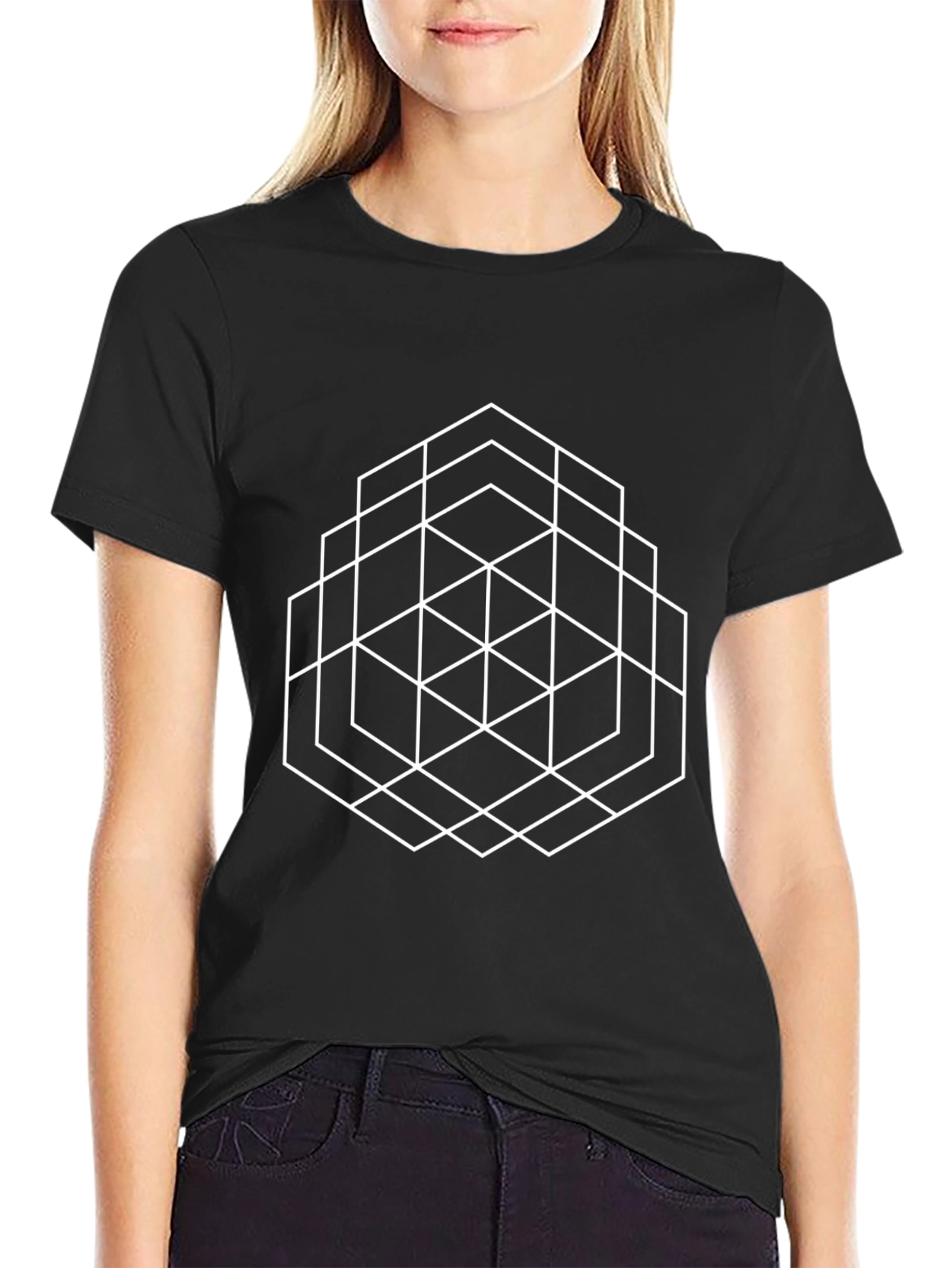 Geometric Hexagon Pattern Black T-Shirt