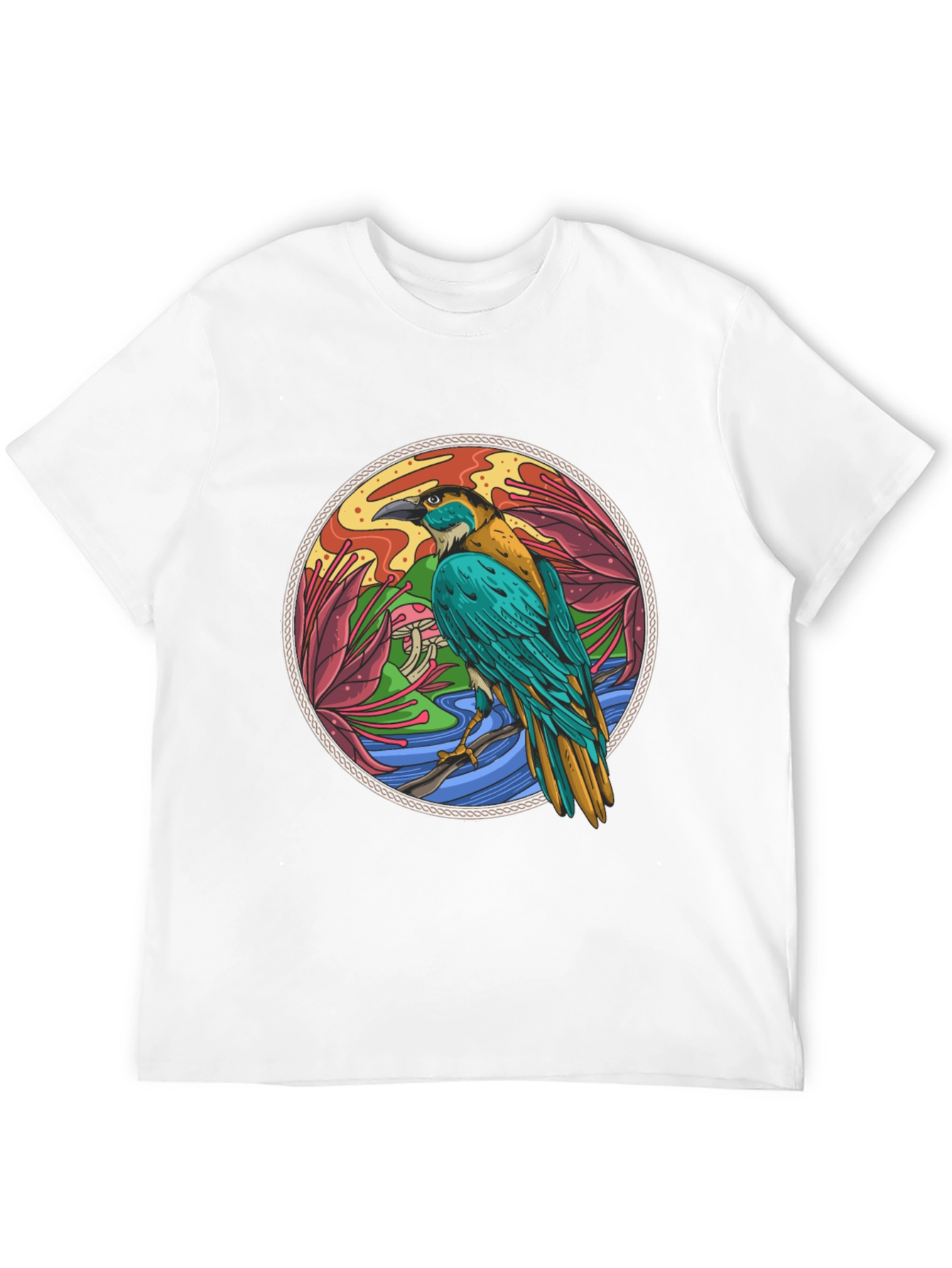 Bird Circle Graphic Print Crew Neck Black T-Shirt