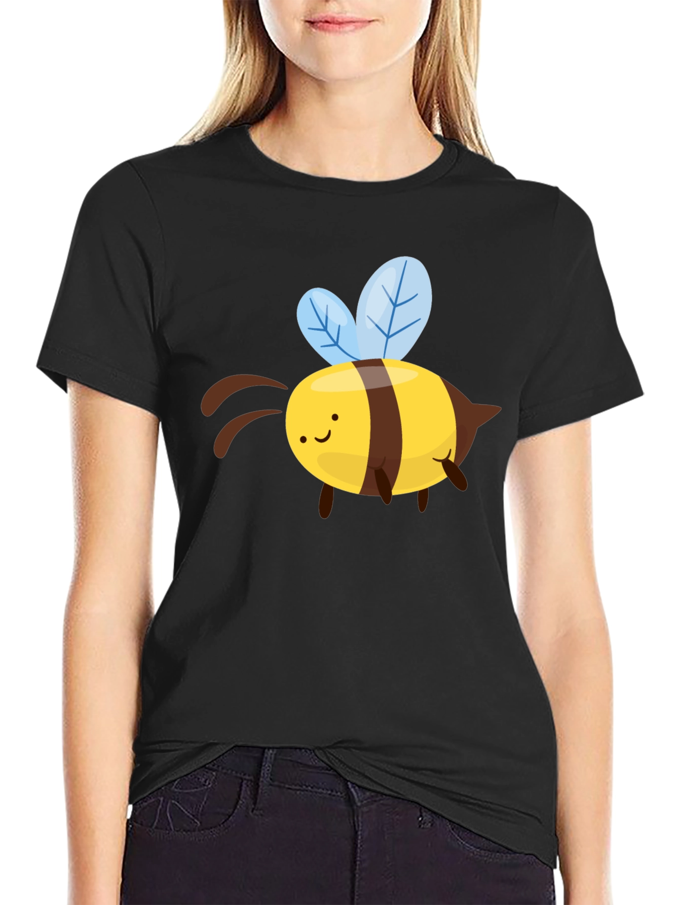 Cute Cartoon Bee Graphic T-Shirt - Black