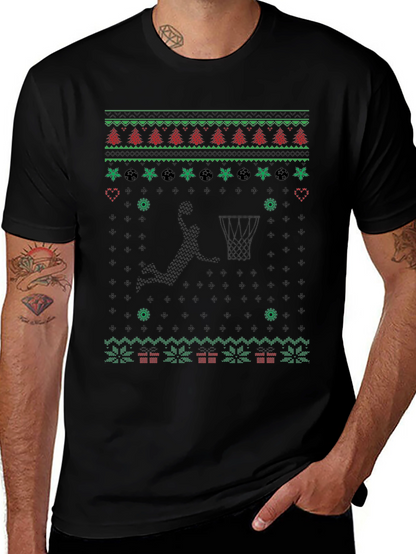 Basketball Christmas Sweater Knit Pattern Graphic T-Shirt