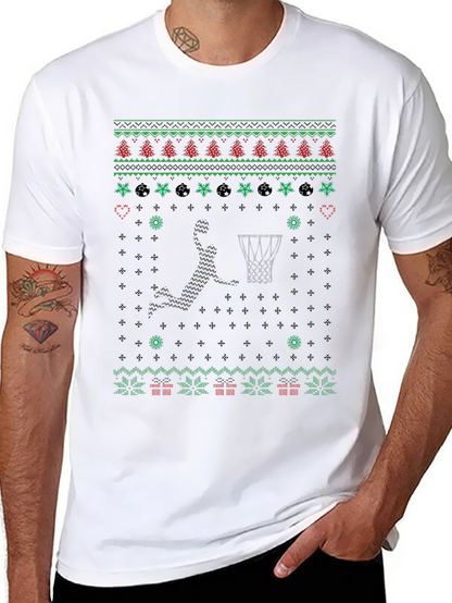 Basketball Christmas Sweater Knit Pattern Graphic T-Shirt