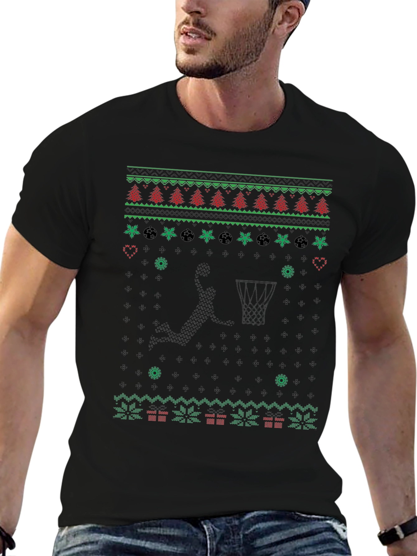 Basketball Christmas Sweater Knit Pattern Graphic T-Shirt