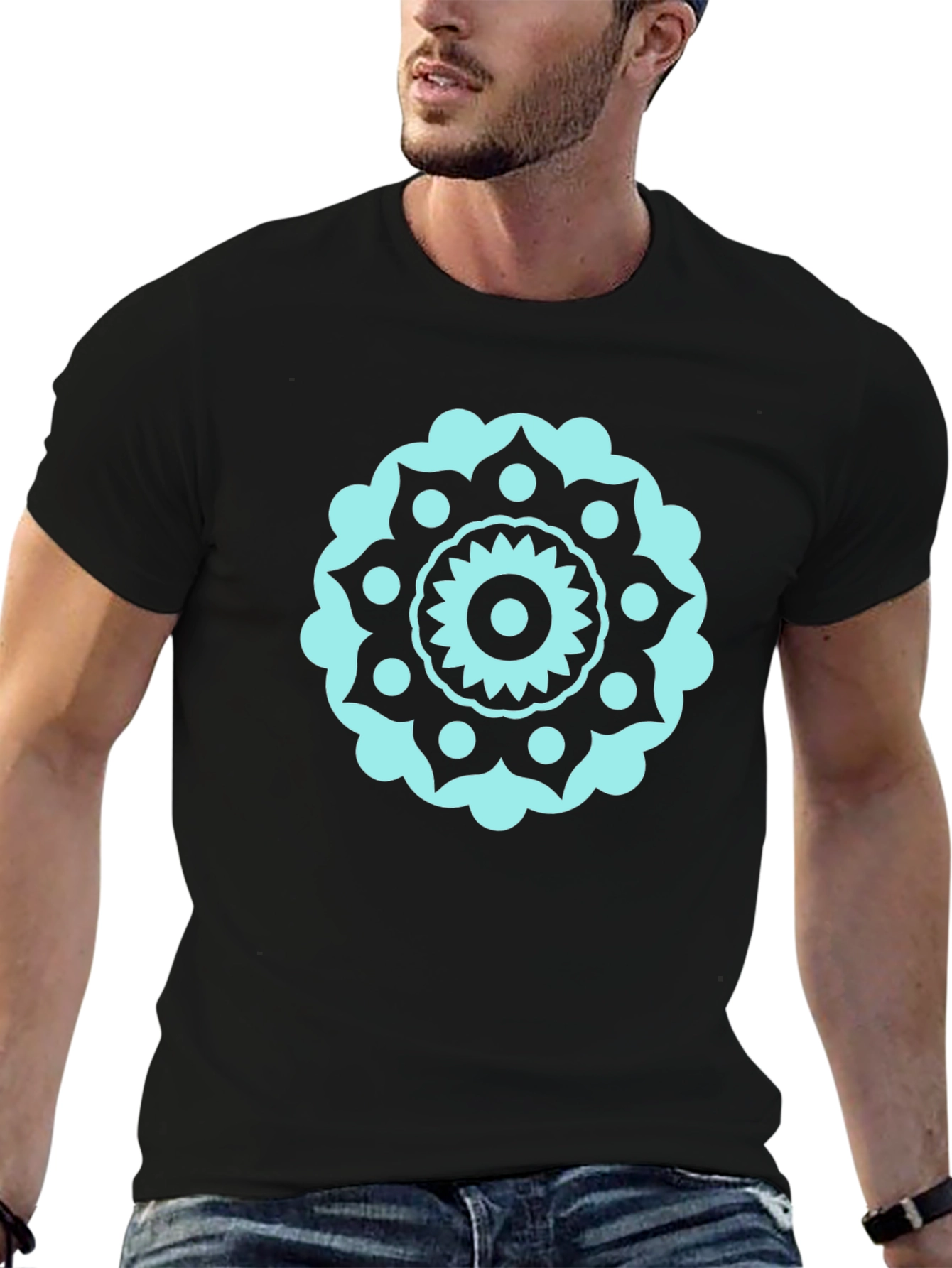 Black Tee with Teal Mandala Design