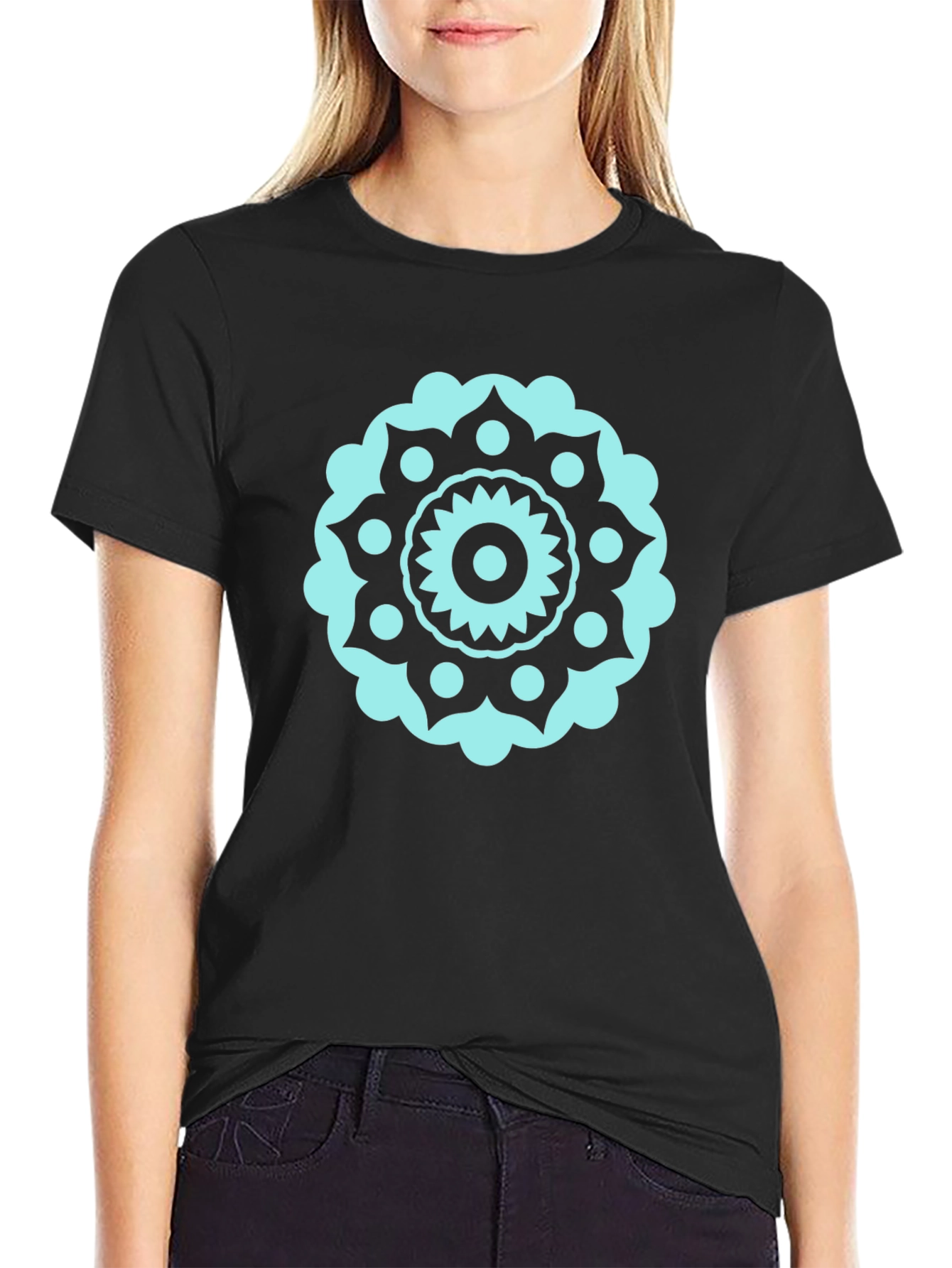 Black Tee with Teal Mandala Design