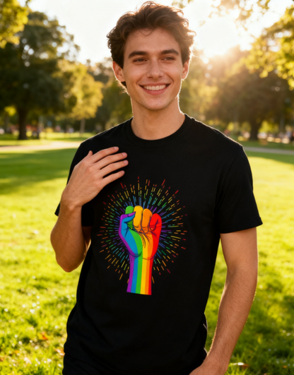 Rainbow Fist LGBTQ+ Pride T-Shirt - 100% Cotton, Bold Equality Tee for Pride Events & Daily Occasions