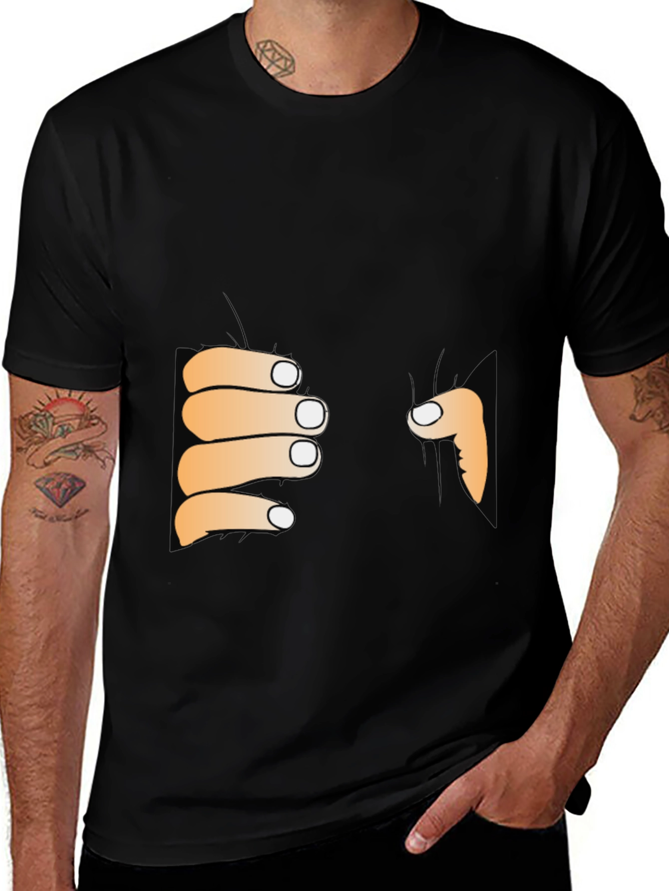 Funny Peeking Hands Graphic Tee - Black T-Shirt