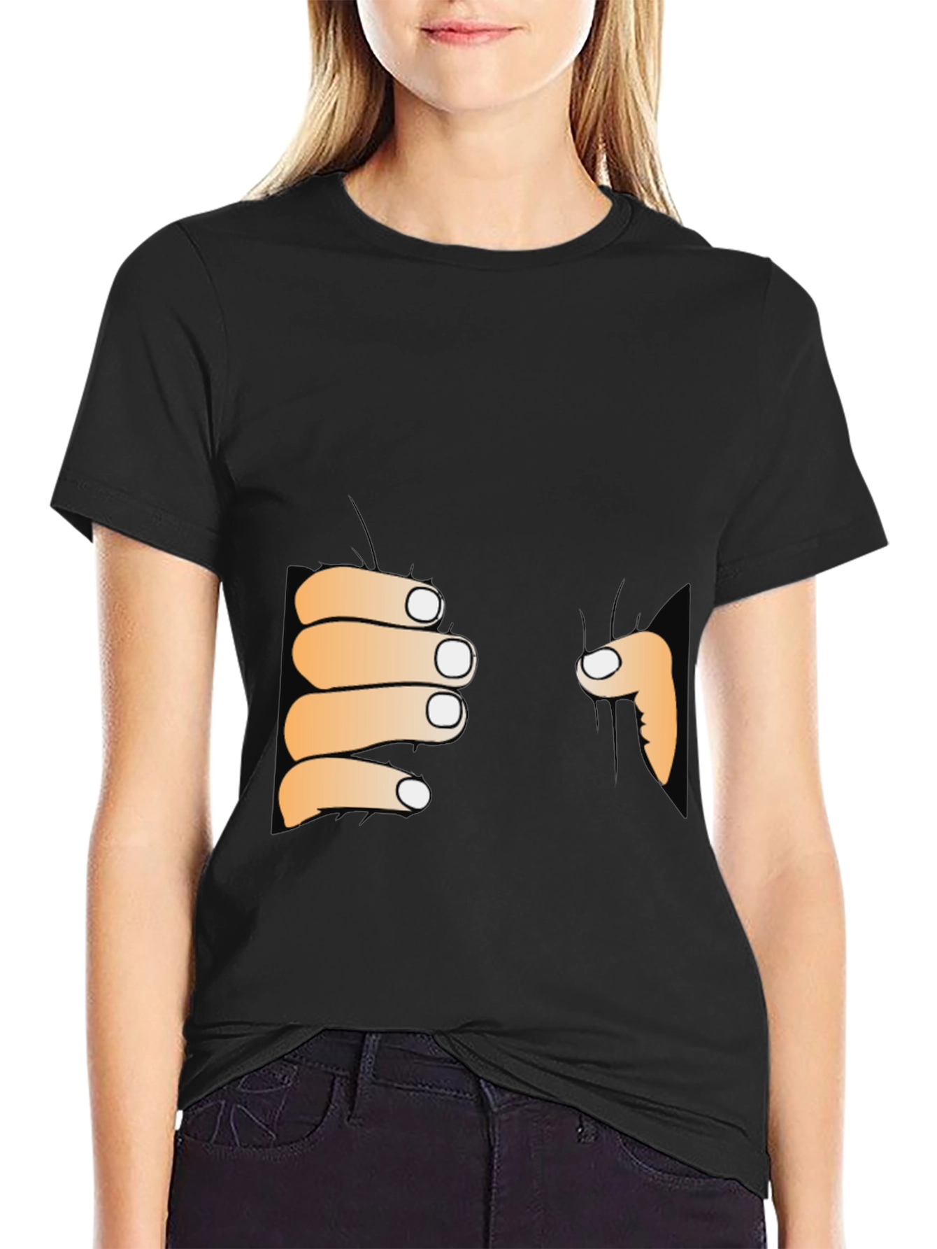 Funny Peeking Hands Graphic Tee - Black T-Shirt