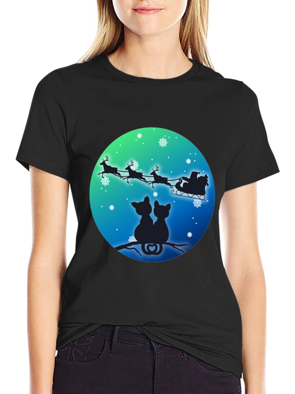 Festive Cats & Santa Sleigh Black T-Shirt