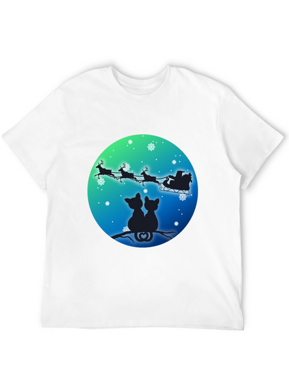 Festive Cats & Santa Sleigh Black T-Shirt
