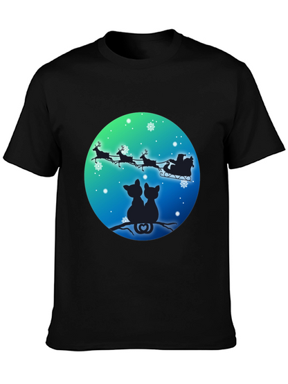Festive Cats & Santa Sleigh Black T-Shirt