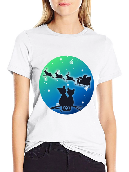 Festive Cats & Santa Sleigh Black T-Shirt