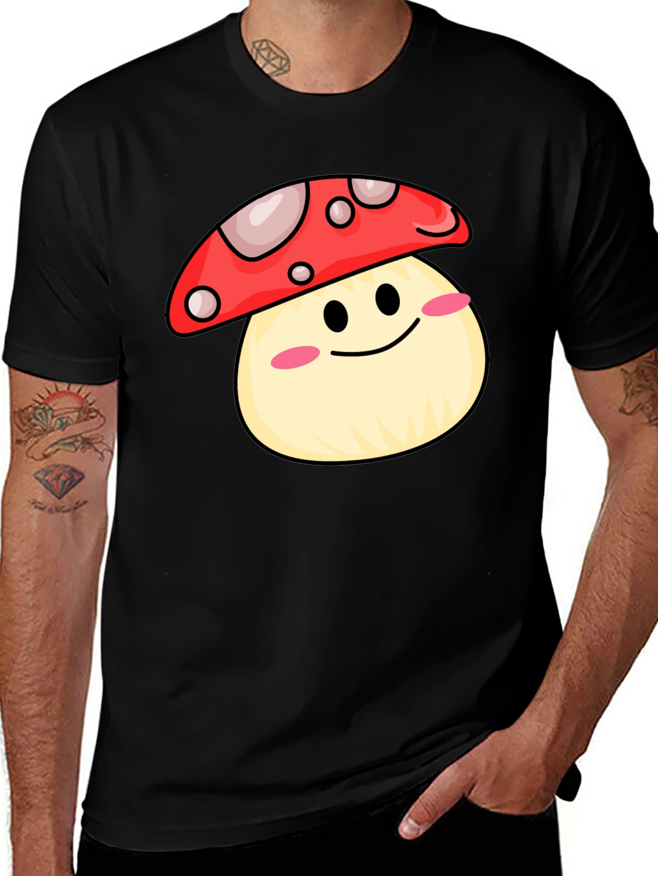 Cute Mushroom Graphic Tee - Black Cotton Shirt
