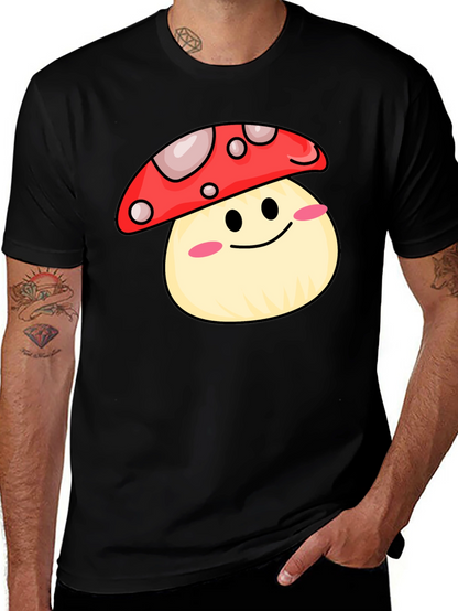 Cute Mushroom Graphic Tee - Black Cotton Shirt