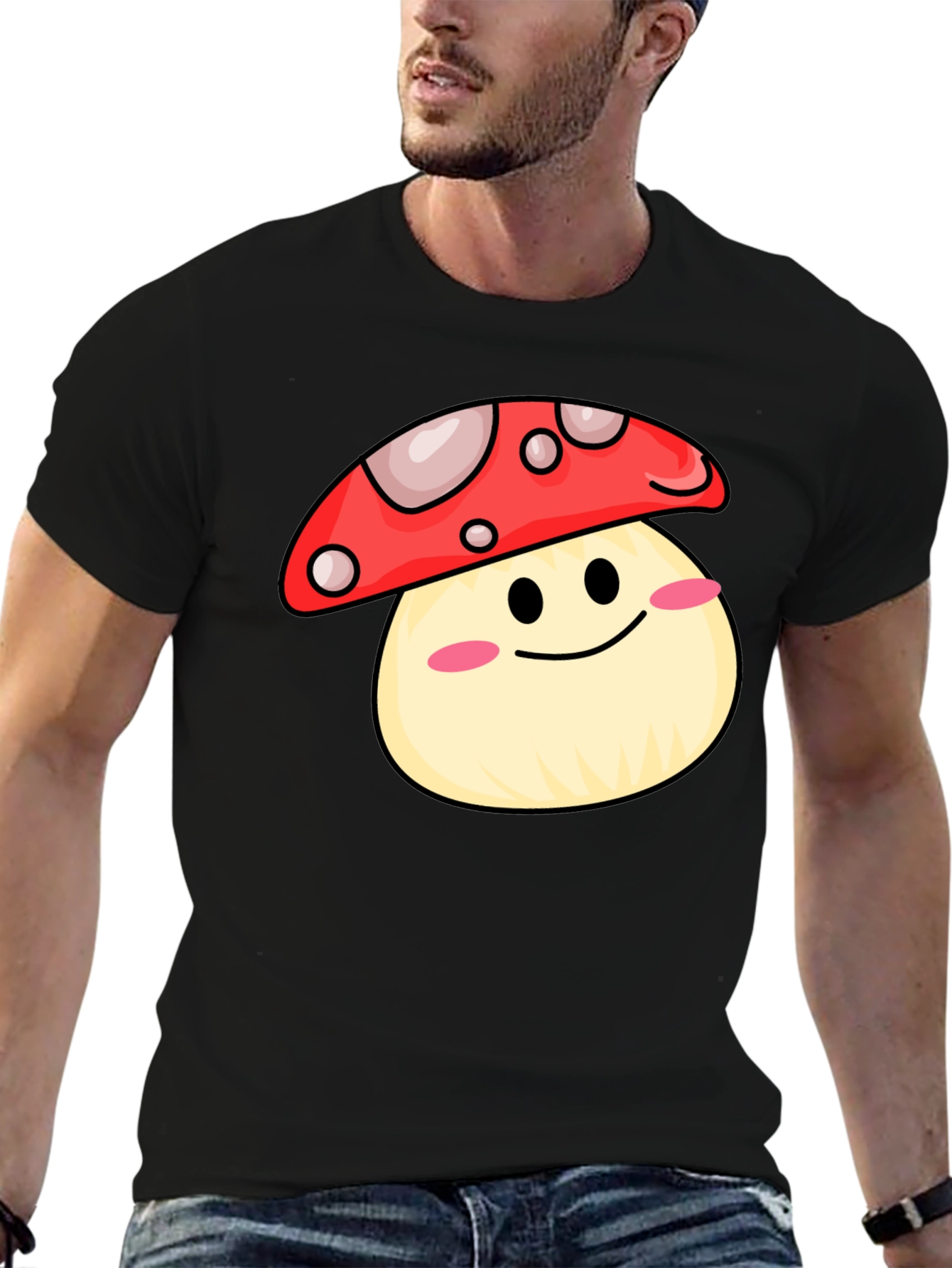 Cute Mushroom Graphic Tee - Black Cotton Shirt