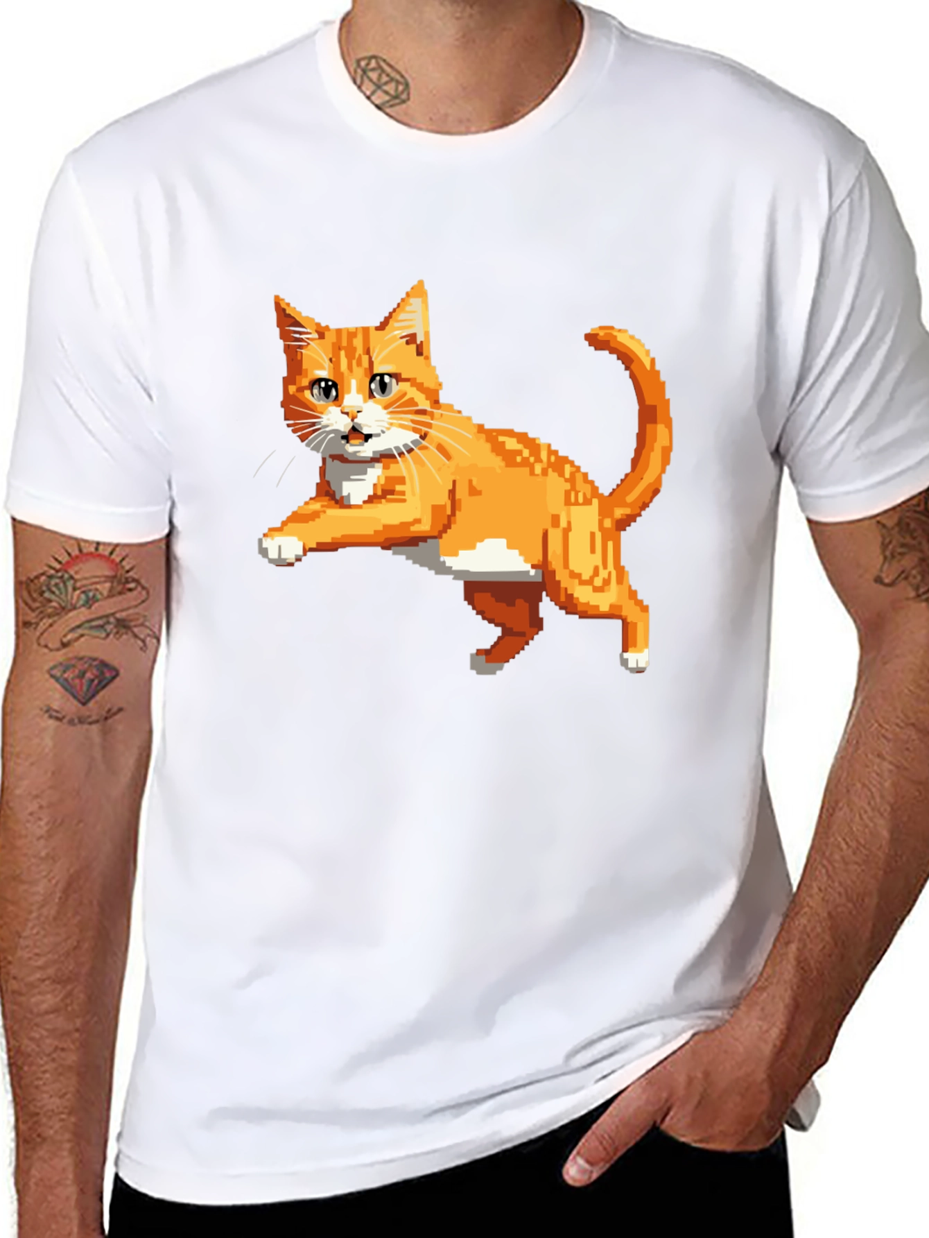 Pixelated Orange Cat T-Shirt - Cool Retro Design