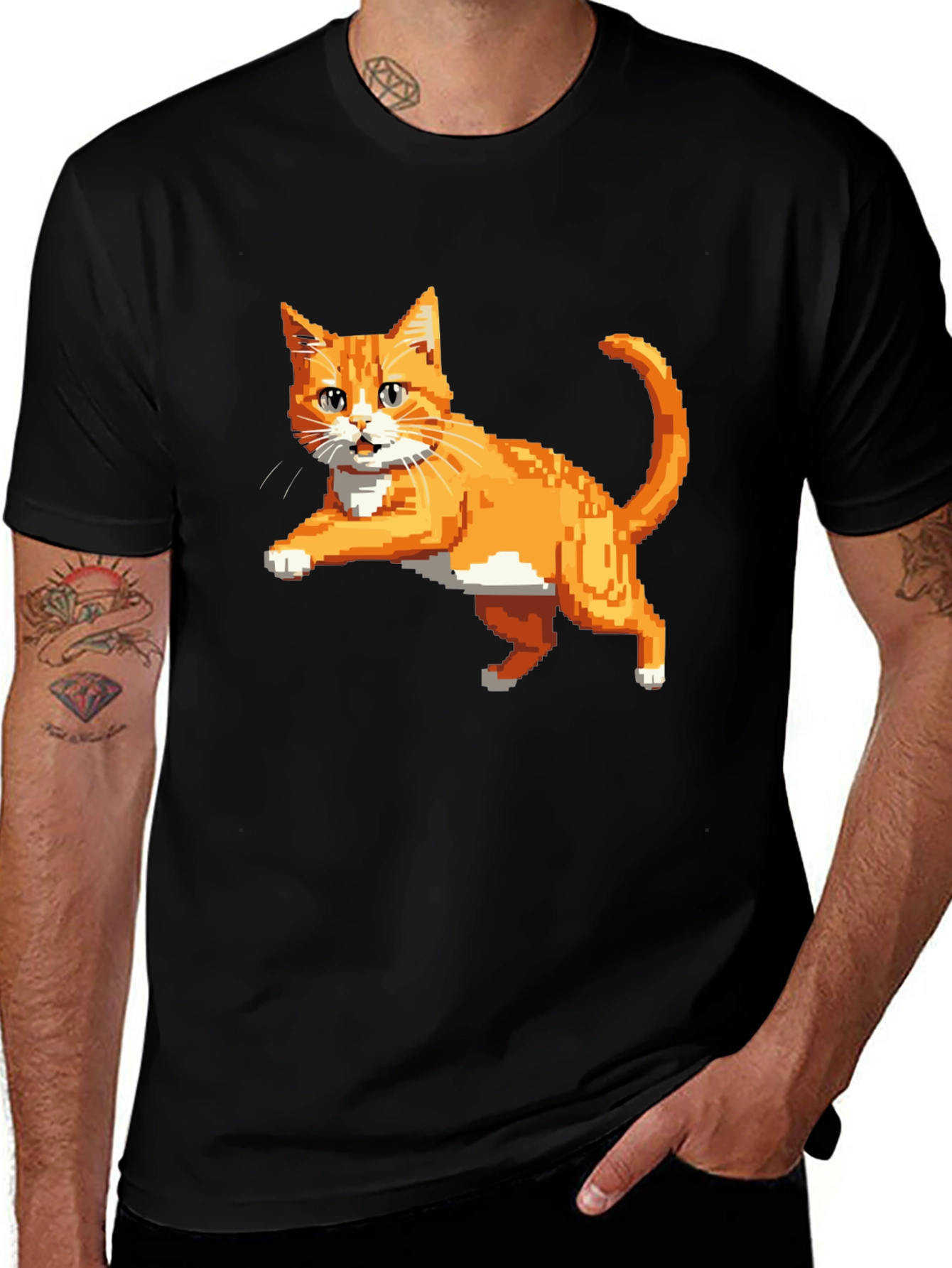 Pixelated Orange Cat T-Shirt - Cool Retro Design