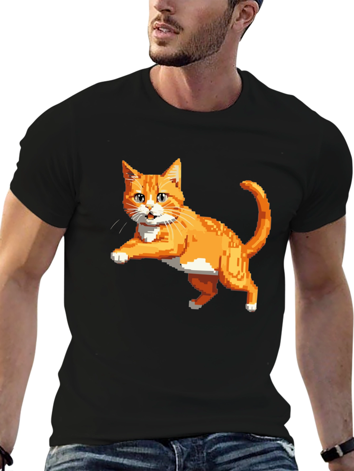 Pixelated Orange Cat T-Shirt - Cool Retro Design