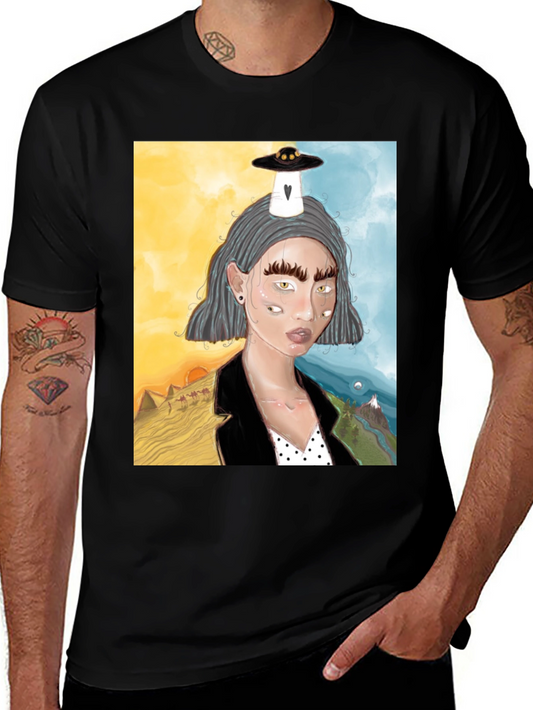 Unique Graphic Tee: Desert & Mountain Alien Girl