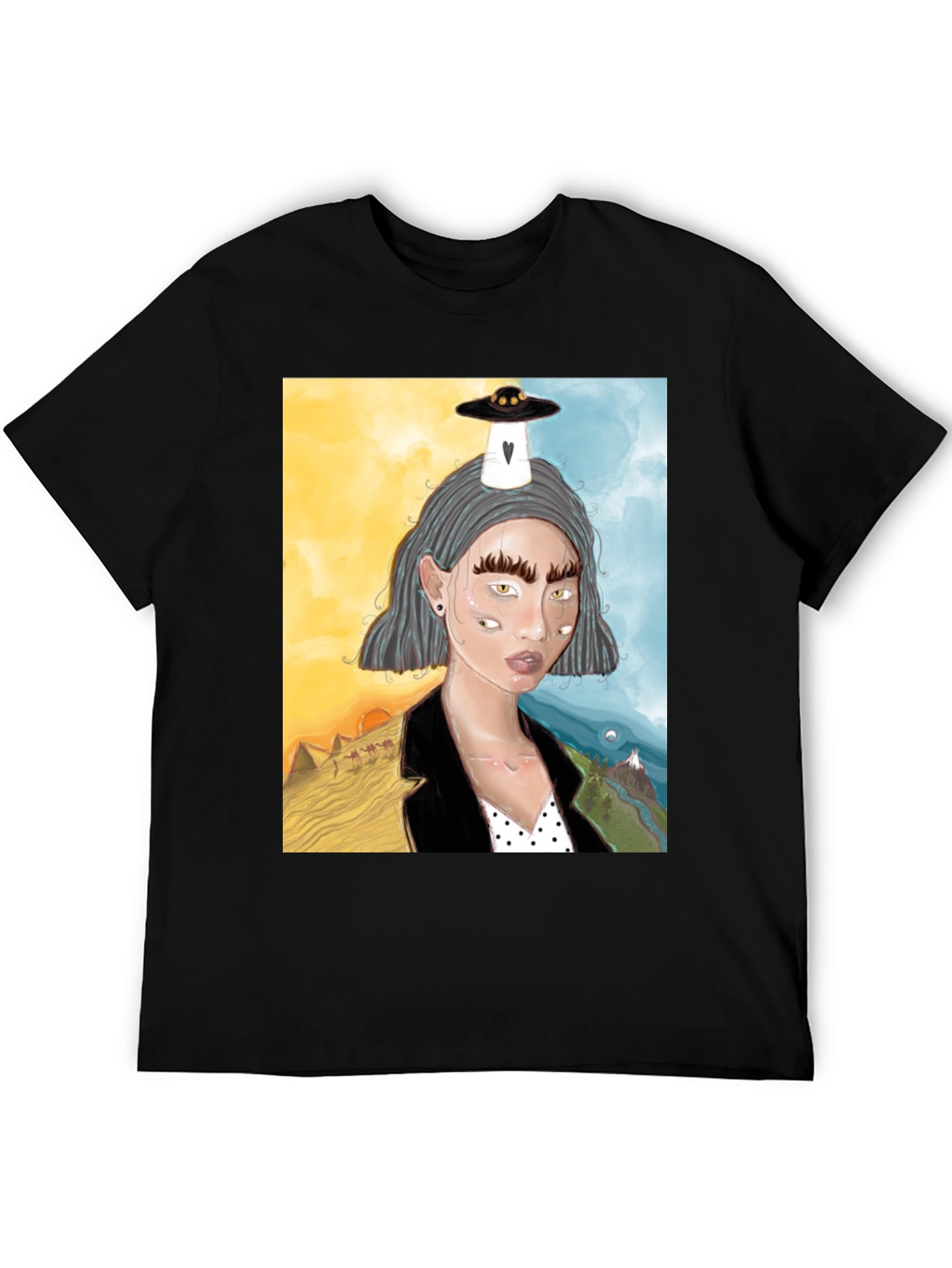Unique Graphic Tee: Desert & Mountain Alien Girl