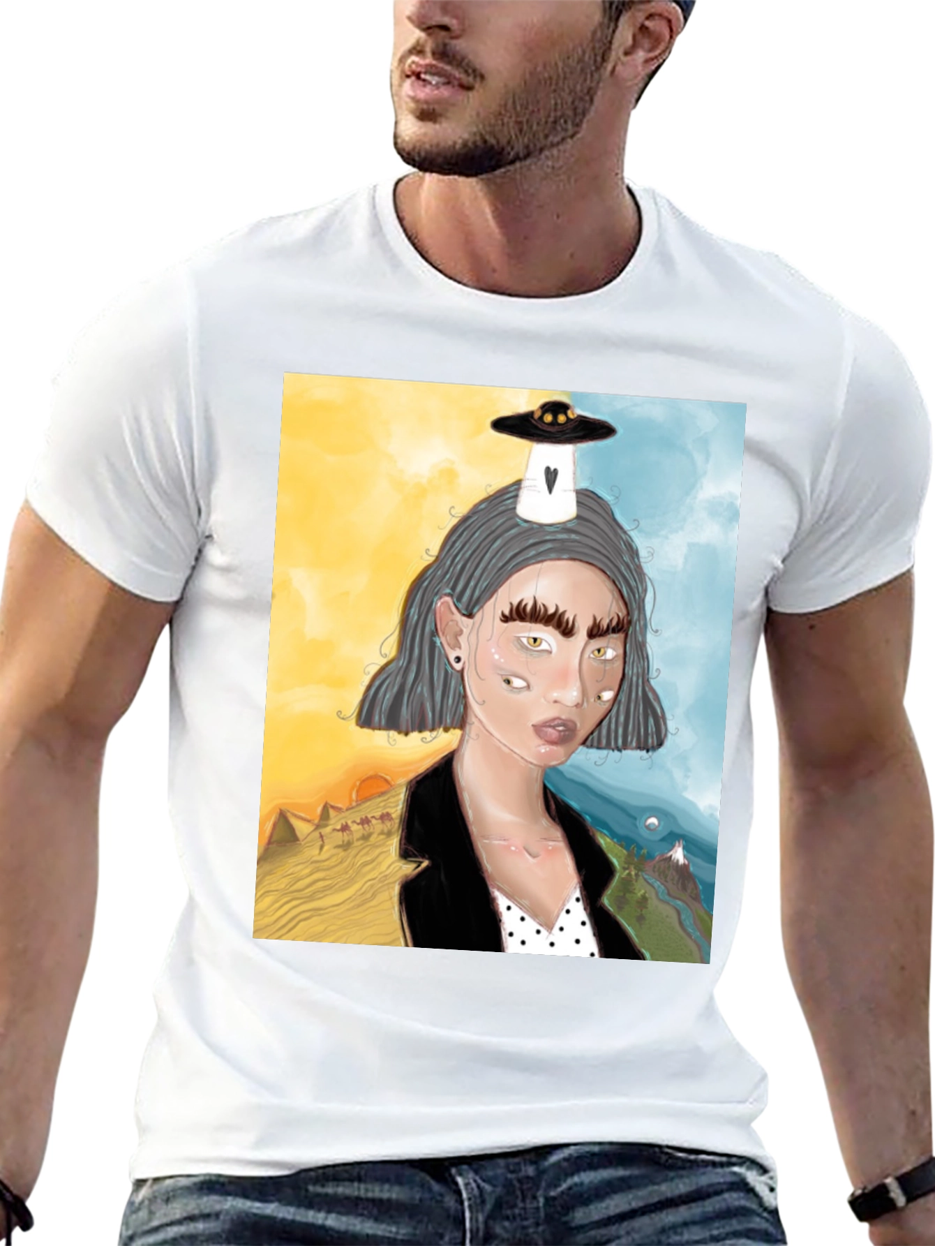 Unique Graphic Tee: Desert & Mountain Alien Girl