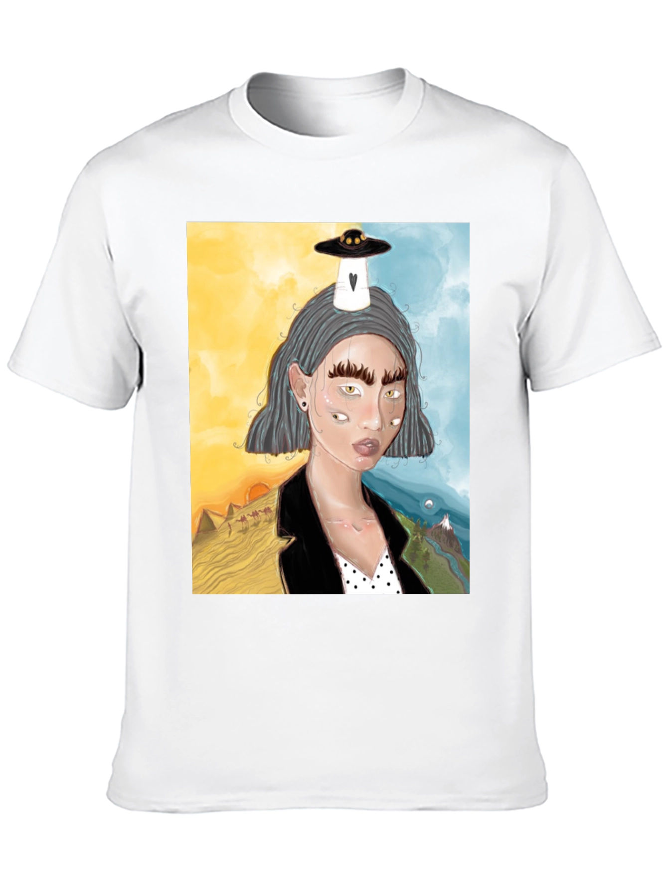 Unique Graphic Tee: Desert & Mountain Alien Girl