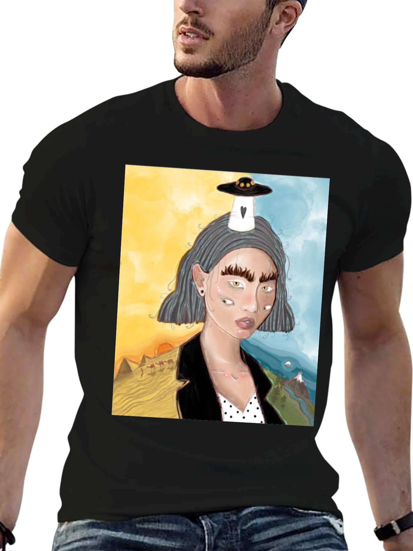 Unique Graphic Tee: Desert & Mountain Alien Girl