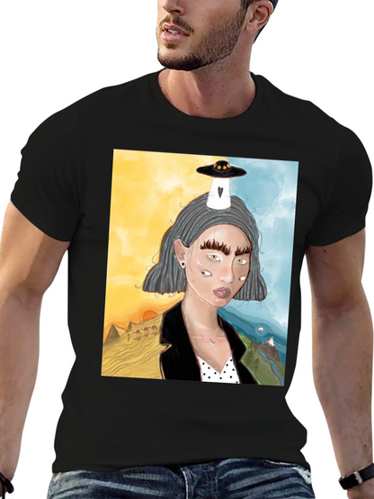 Unique Graphic Tee: Desert & Mountain Alien Girl