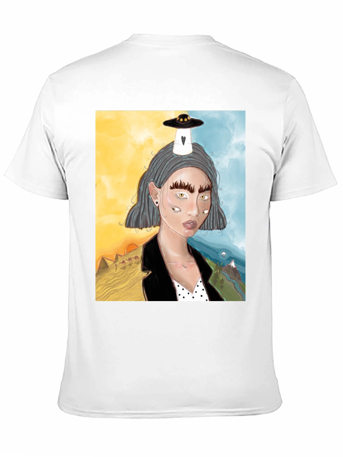Unique Graphic Tee: Desert & Mountain Alien Girl