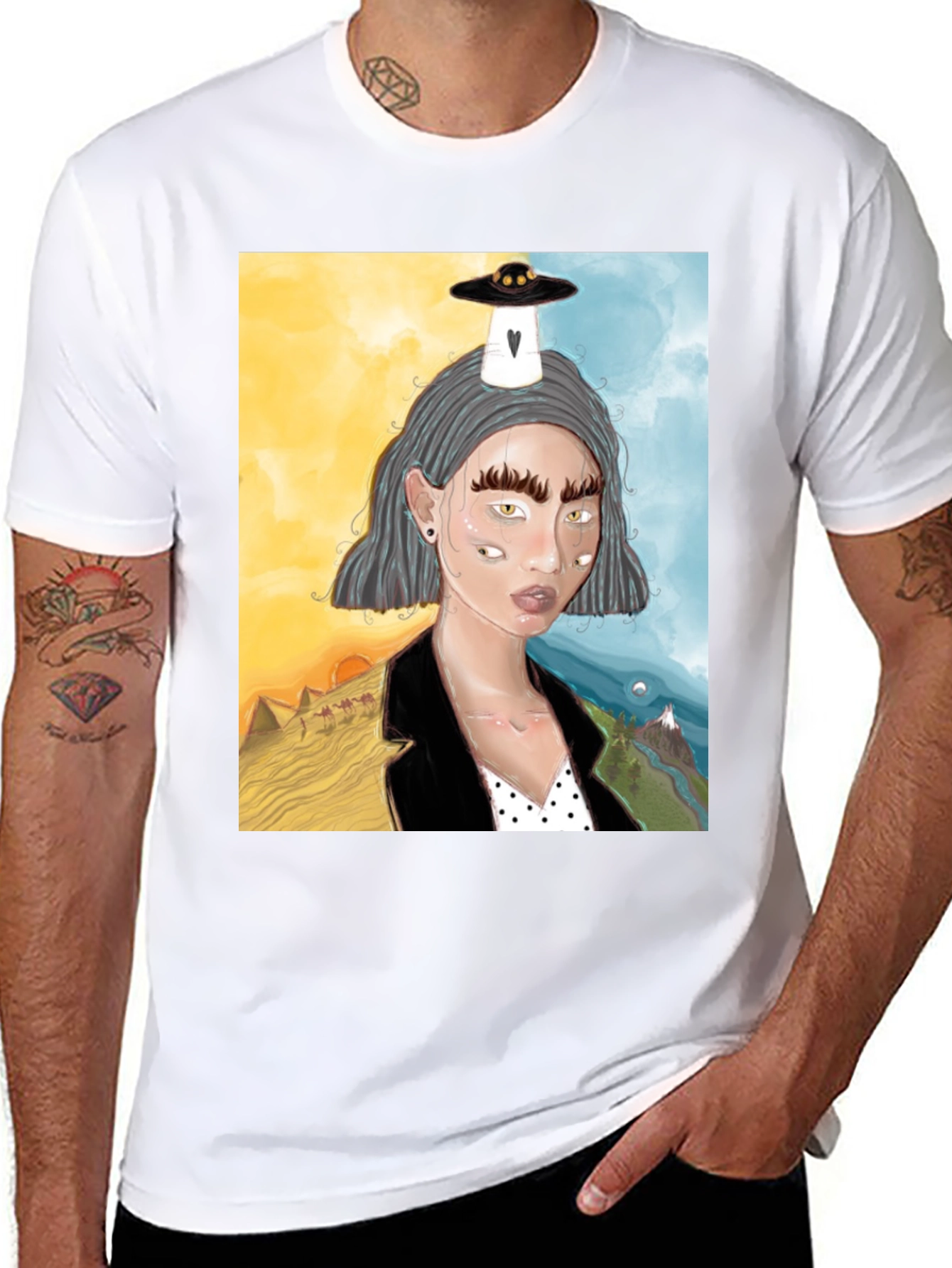 Unique Graphic Tee: Desert & Mountain Alien Girl