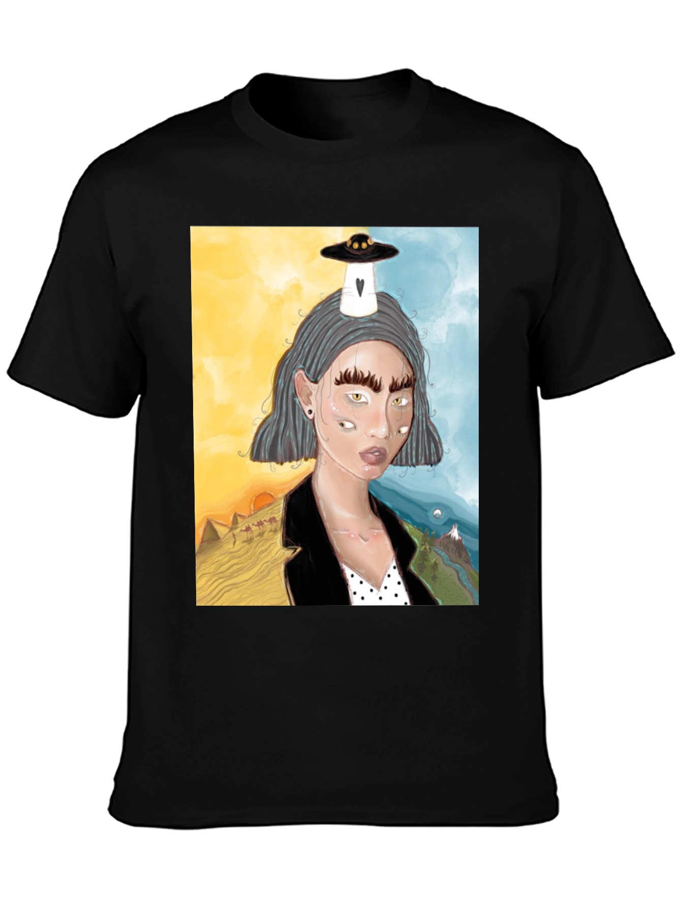 Unique Graphic Tee: Desert & Mountain Alien Girl