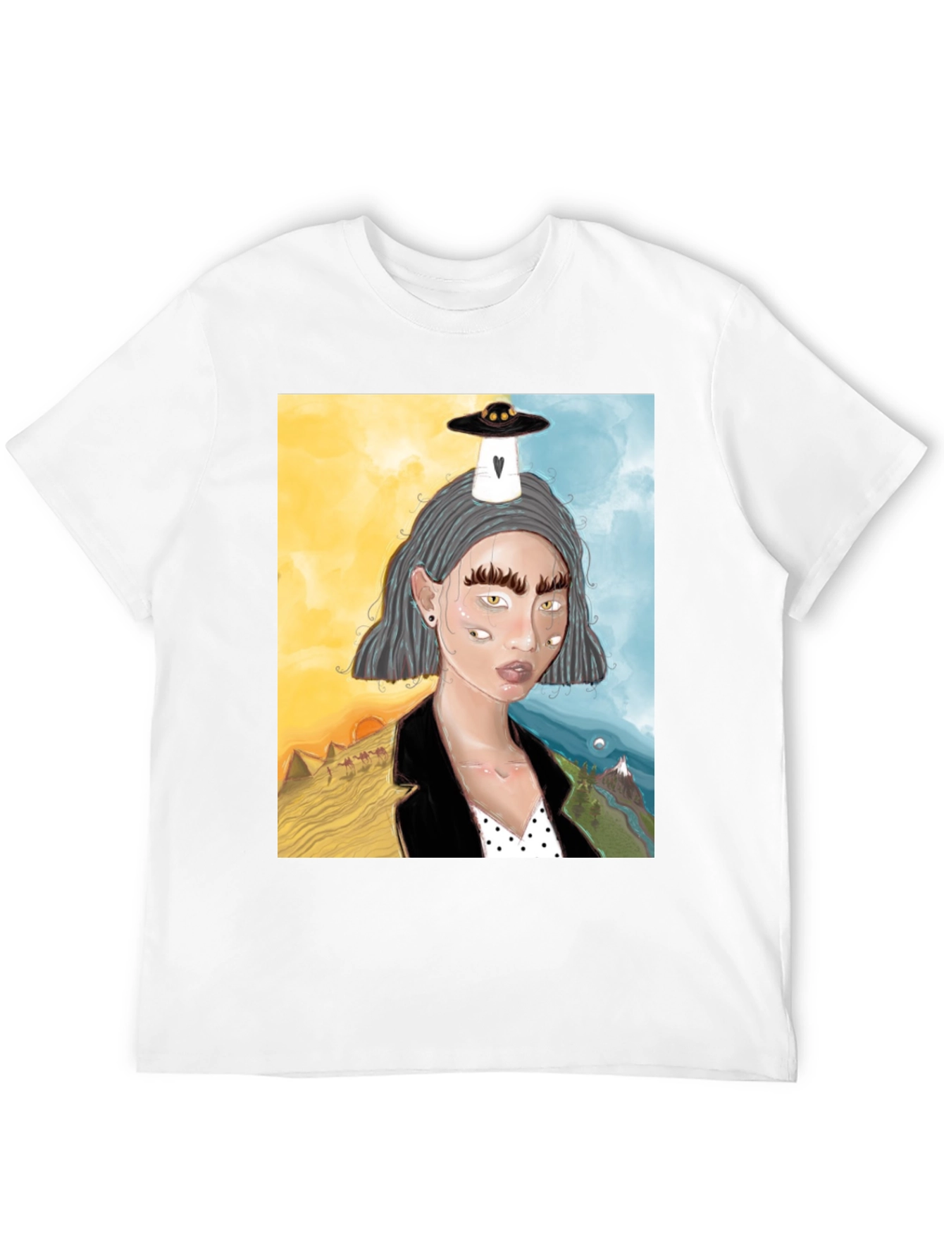 Unique Graphic Tee: Desert & Mountain Alien Girl