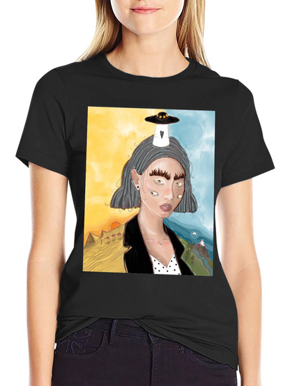 Unique Graphic Tee: Desert & Mountain Alien Girl