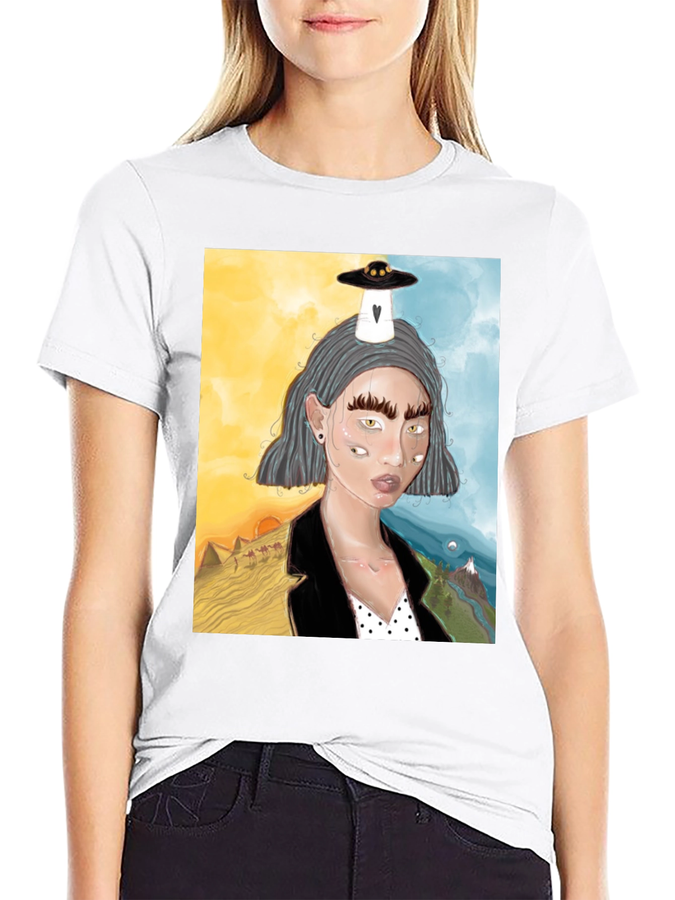 Unique Graphic Tee: Desert & Mountain Alien Girl