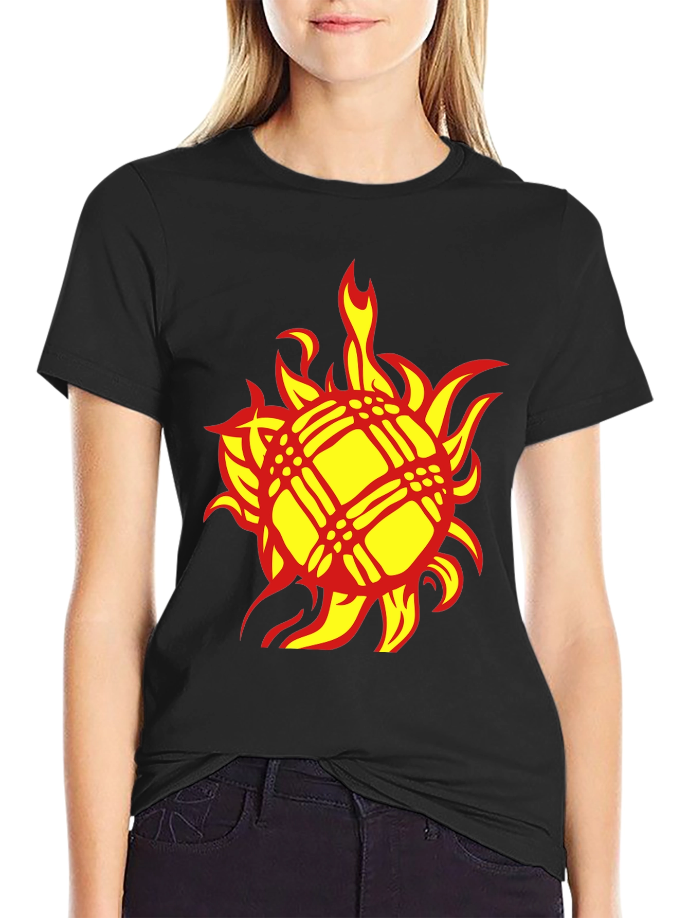 Fiery Sun Graphic Tee - Bold Black Cotton T-Shirt