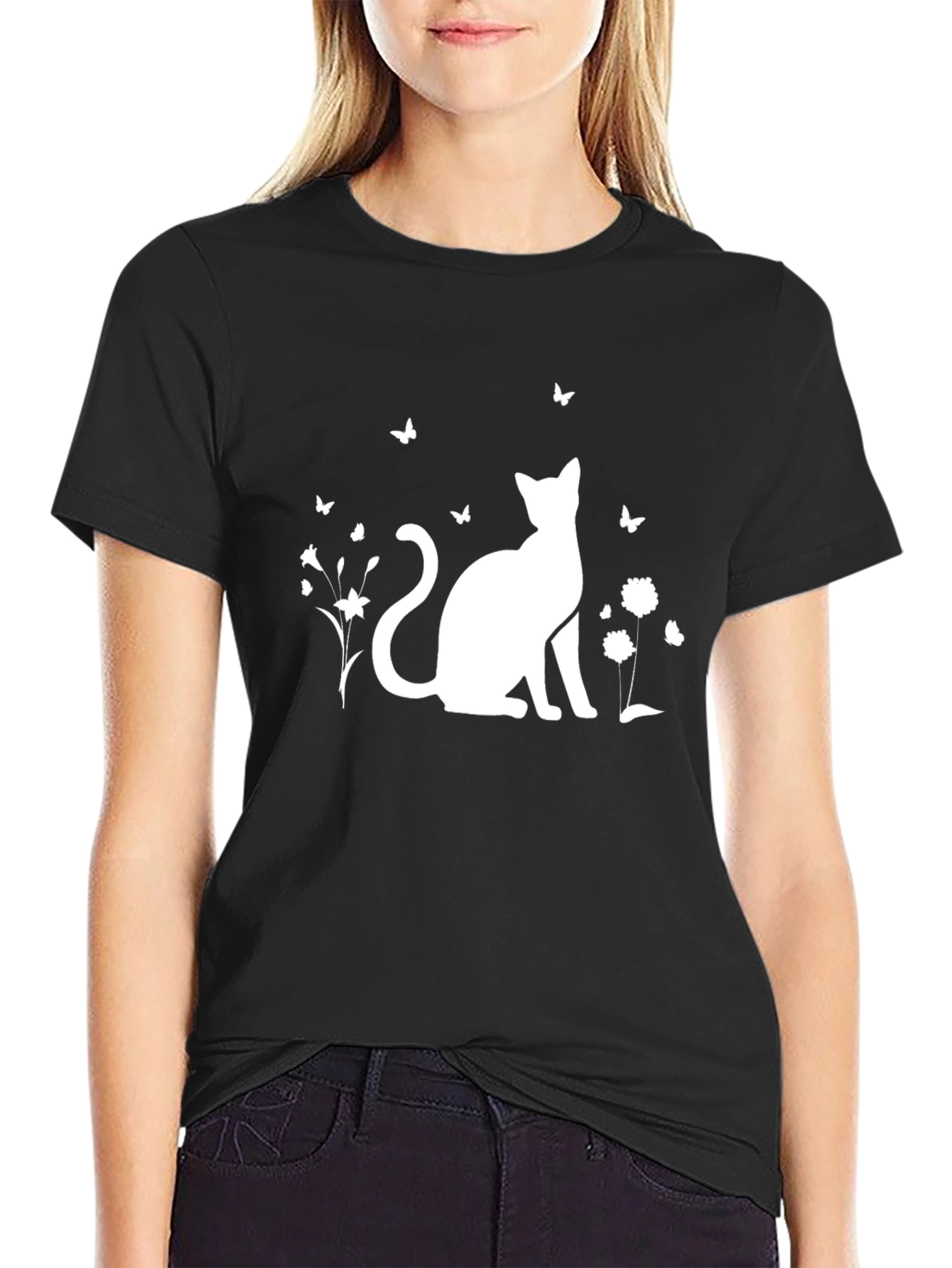 Black Cat & Butterfly Graphic T-Shirt