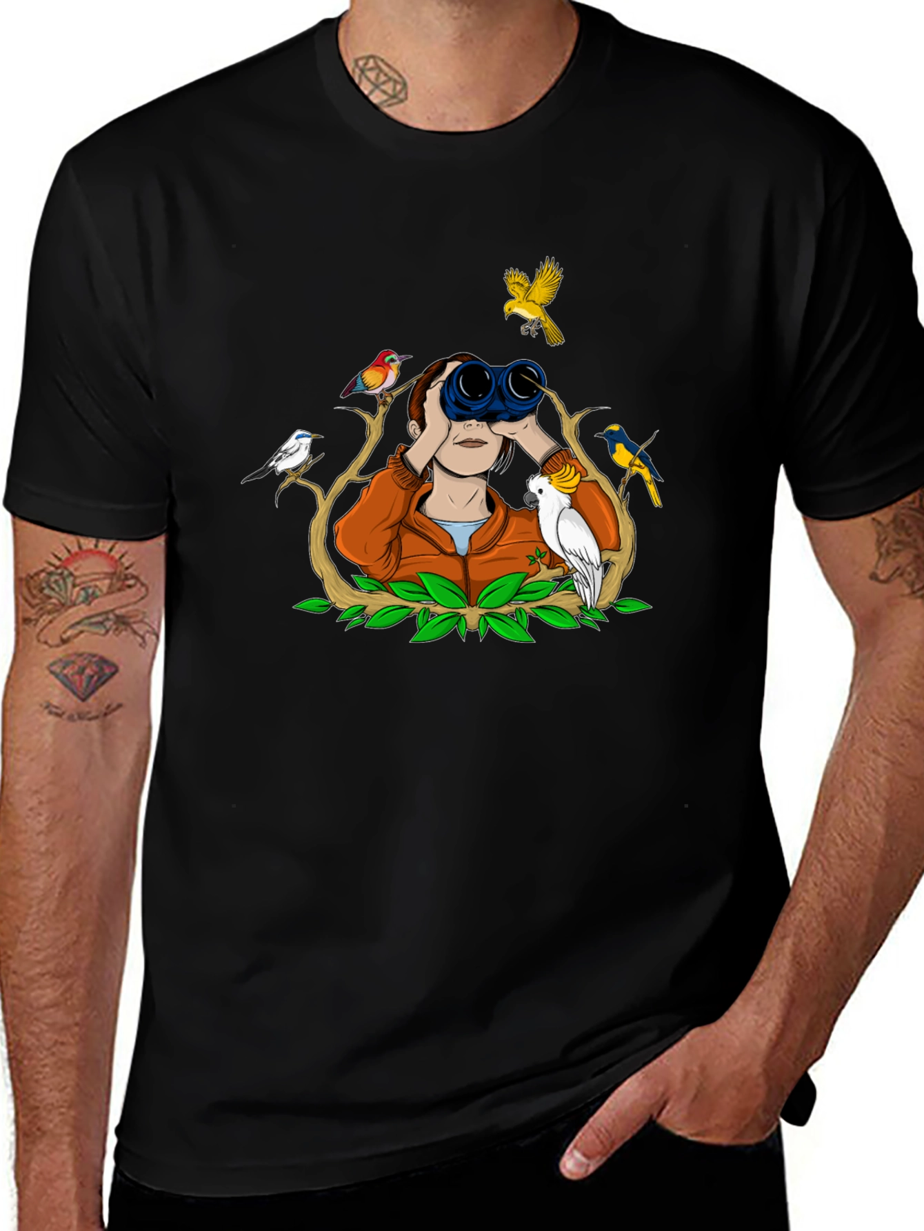 Bird Watching Tee - Binoculars and Birds Design