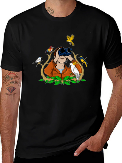 Bird Watching Tee - Binoculars and Birds Design