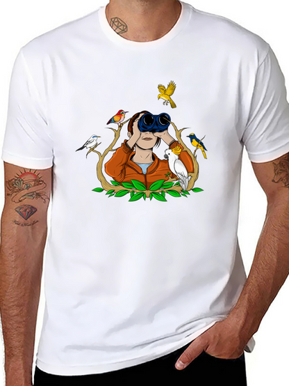 Bird Watching Tee - Binoculars and Birds Design