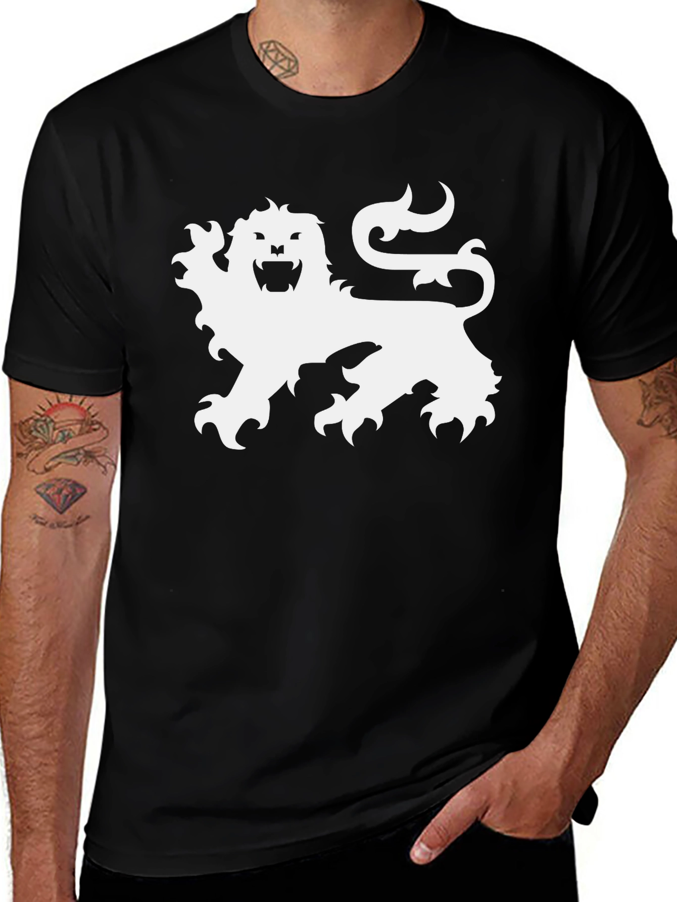 Black T-Shirt with White Lion Graphic